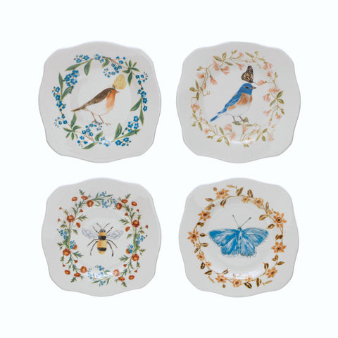 Creative Co-Op Scalloped Stoneware 5" Plates with Insects, Birds, and Flowers, Multicolor, Set of 4