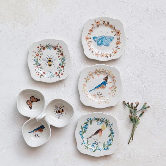 Creative Co-Op Scalloped Stoneware 5" Plates with Insects, Birds, and Flowers , Multicolor, Set of 4