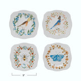 Creative Co-Op Scalloped Stoneware 5" Plates with Insects, Birds, and Flowers , Multicolor, Set of 4
