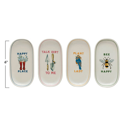 Creative Co-Op Stoneware Plates with Garden Images and Sayings, 6" x 3-1/4", Multicolor, Set of 4