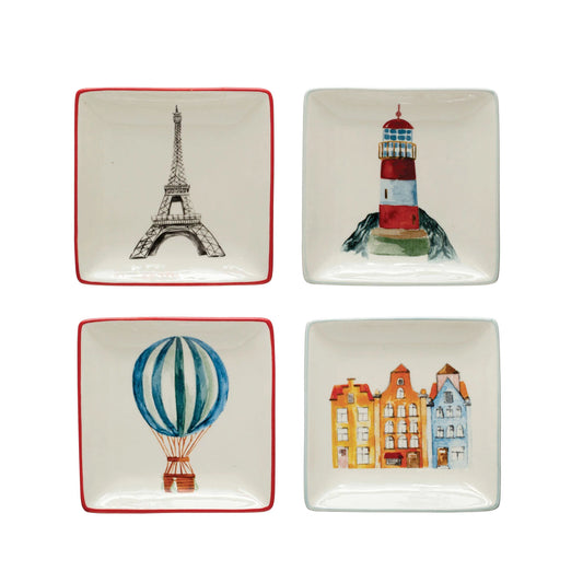 Adventure Images 5" Square Stoneware Plates, Multicolor, Set of 4 Styles