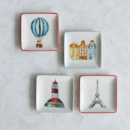 Adventure Images 5" Square Stoneware Plates, Multicolor, Set of 4 Styles