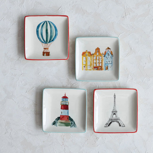 Adventure Images 5" Square Stoneware Plates, Multicolor, Set of 4 Styles