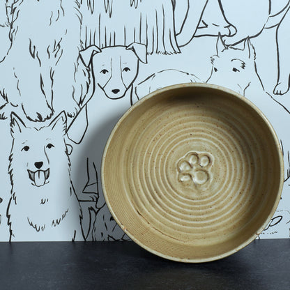 Paw Print Embossed 8.5" Round Stoneware Pet Food Bowl, Speckled Brown (Each One Unique)
