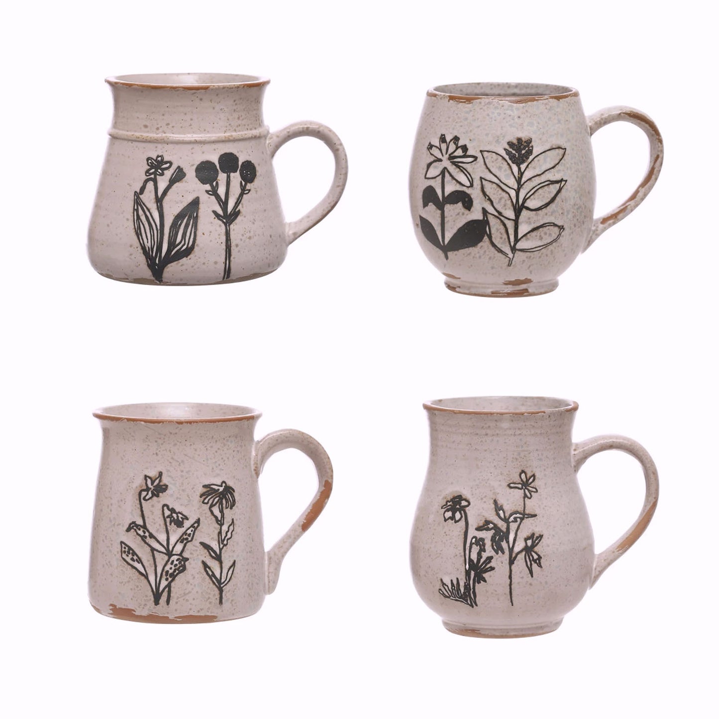 Botanical Wax Relief Stoneware Mug, Distressed White, Set of 4 Styles