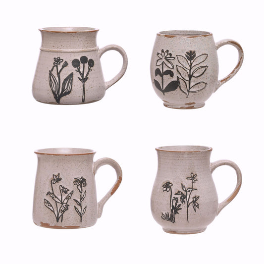 Botanical Wax Relief Stoneware Mug, Distressed White, Set of 4 Styles