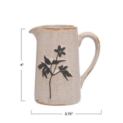 Rustic Small Stoneware Creamer with Flower Motif
