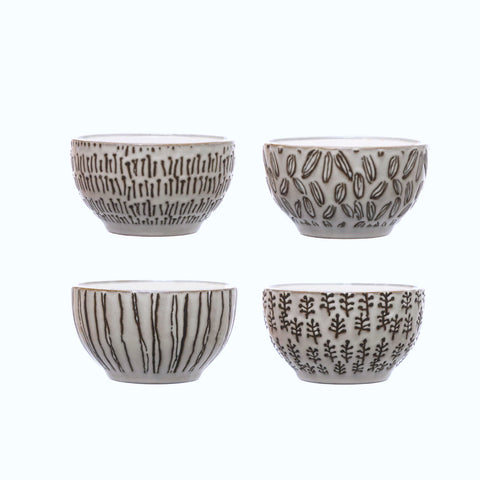 Creative Co-Op Wax Relief 5" Stoneware Bowls, White and Black, Set of 4