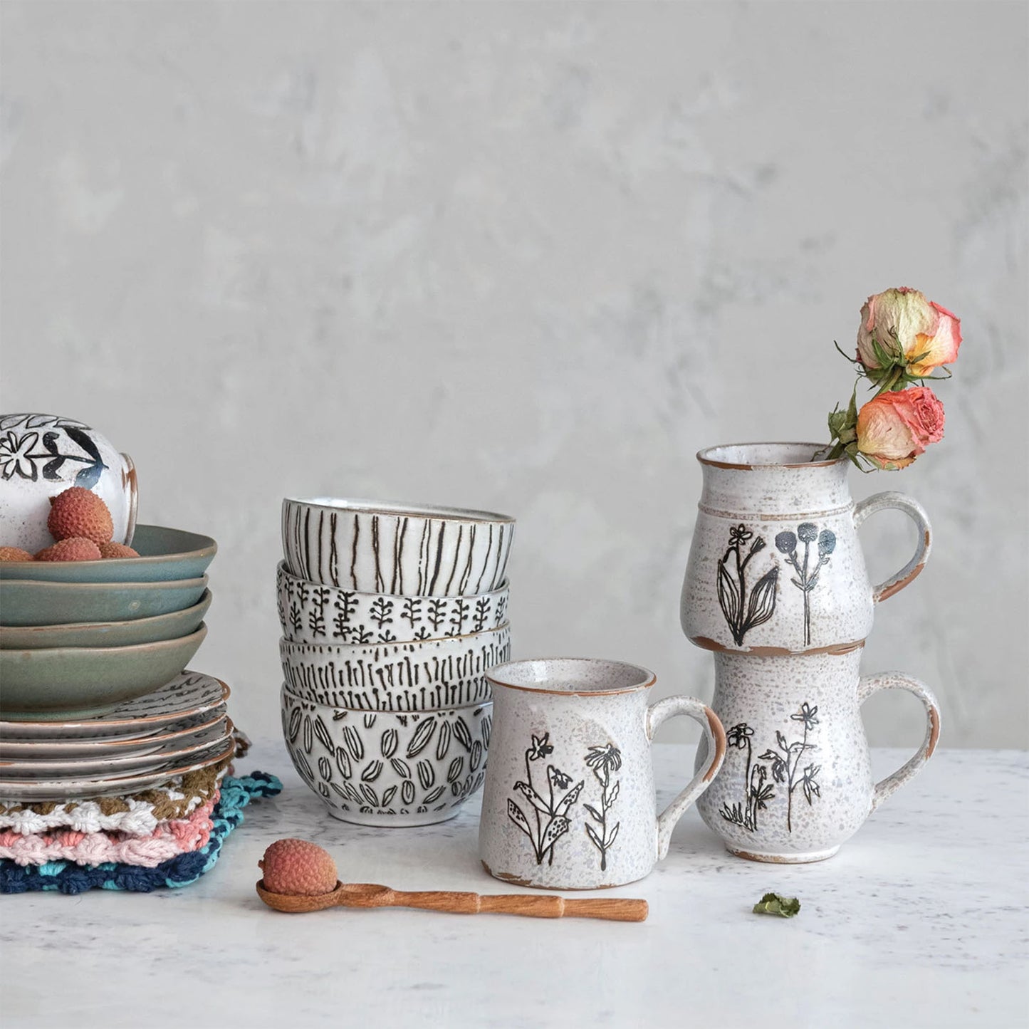 Botanical Wax Relief Stoneware Mug, Distressed White, Set of 4 Styles