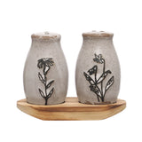 Creative Co-Op Vintage Floral Stoneware Salt & Pepper Shakers with Pine Tray, Black/Natural