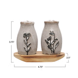 Creative Co-Op Vintage Floral Stoneware Salt & Pepper Shakers with Pine Tray, Black/Natural