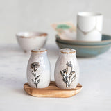 Creative Co-Op Vintage Floral Stoneware Salt & Pepper Shakers with Pine Tray, Black/Natural