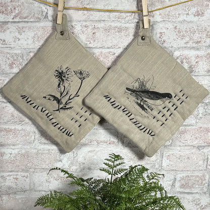 Printed 8" Bird and Flowers Potholders with Hand Embroidered Kantha Stitching, Set of 2