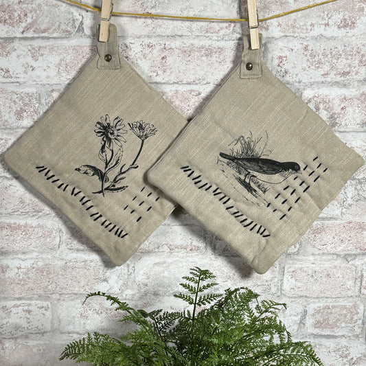 Printed 8" Bird and Flowers Potholders with Hand Embroidered Kantha Stitching, Set of 2