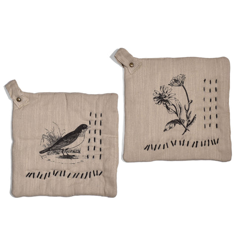 Printed 8" Bird and Flowers Potholders with Hand Embroidered Kantha Stitching, Set of 2