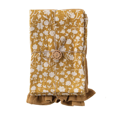 Cotton Slub and Waffle Weave 2-Piece Dish Towel Set, Floral/Solid, Mustard