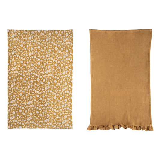 Cotton Slub and Waffle Weave 2-Piece Dish Towel Set, Floral/Solid, Mustard