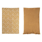 Cotton Slub and Waffle Weave 2-Piece Dish Towel Set, Floral/Solid, Mustard