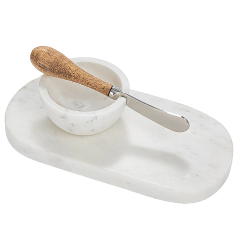 Creative Co-Op White Marble 8" x 4" Cheese Board with Bowl and Canape Knife