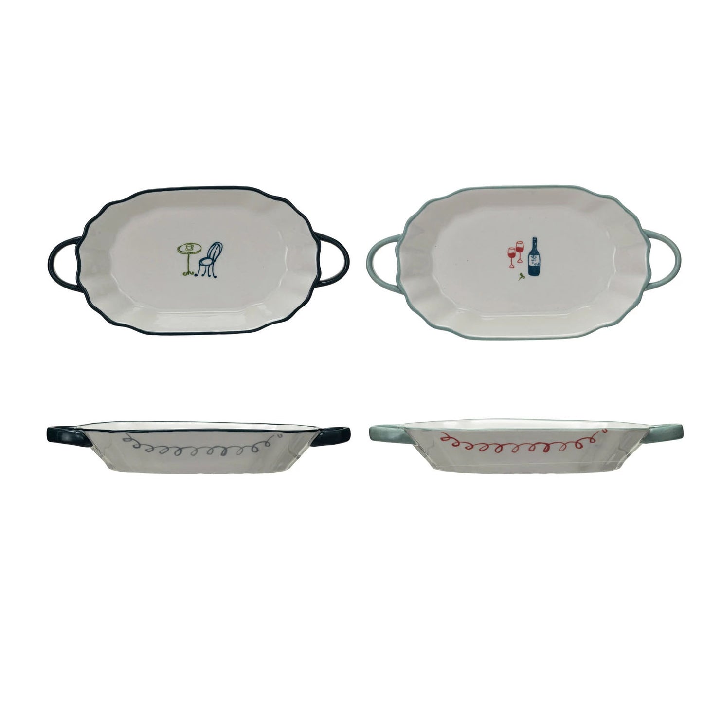 Bistro Motif 1-Cup Oval Stoneware Casserole Dish with Handles, Set of 2