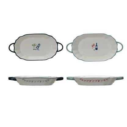 Bistro Motif 1-Cup Oval Stoneware Casserole Dish with Handles, Set of 2