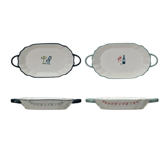Bistro Motif 1-Cup Oval Stoneware Casserole Dish with Handles, Set of 2