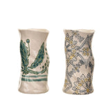 Hand-Painted Stoneware 7" Organic Shaped Vase with Wax Relief Pattern, Set of 2 Styles
