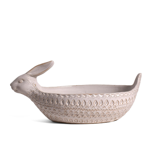 Stoneware Rabbit Bowl with Geometric Pattern, 11" x 5.75", White Glaze (Each One Unique)