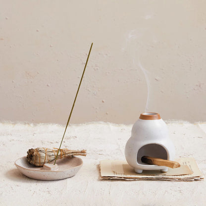 Embossed Heart 5" Stoneware Incense Holder, Speckled Cream, Each One Will Vary