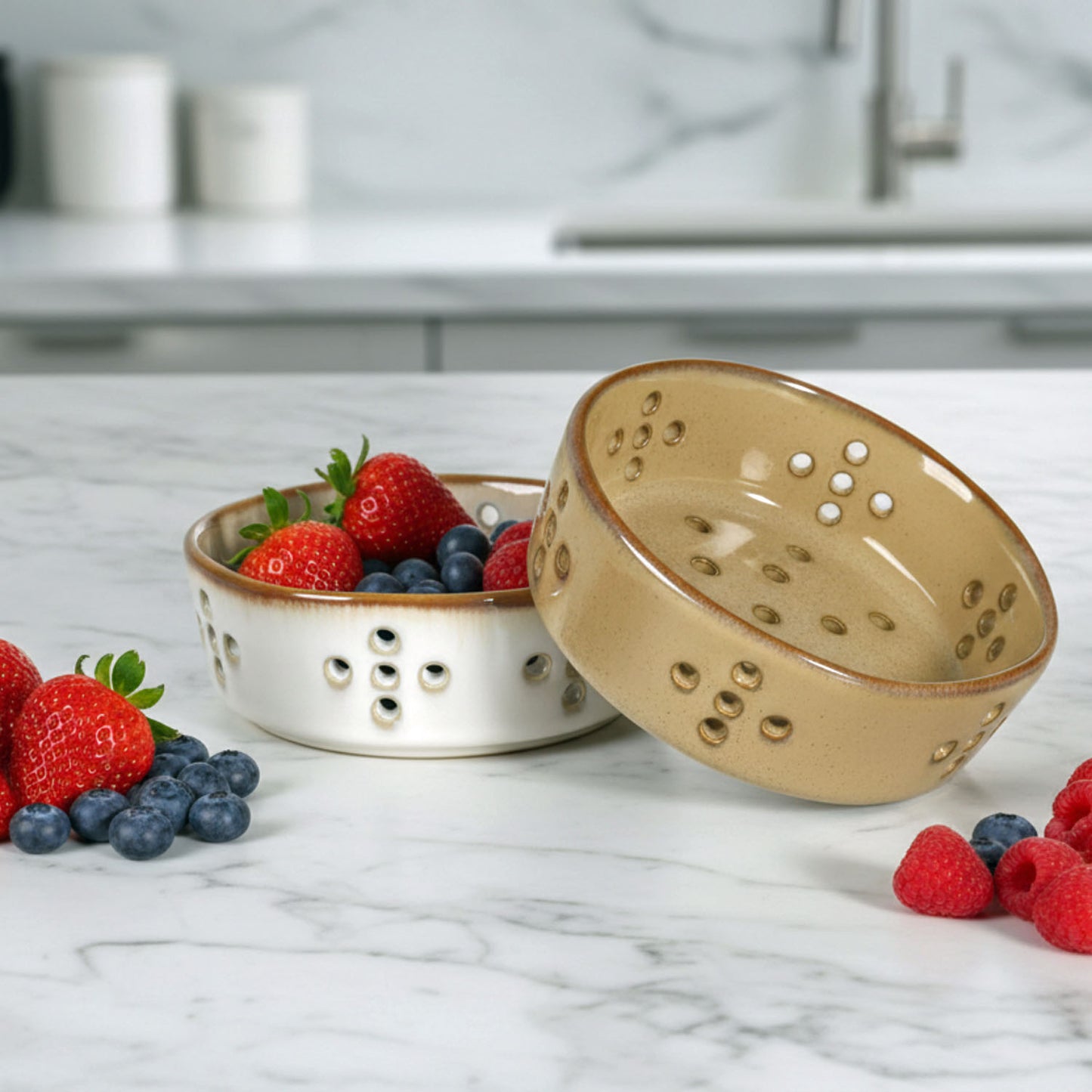 Single Serving 4" Stoneware Berry Bowl with Reactive Glaze, Set of 2 in White and Tan