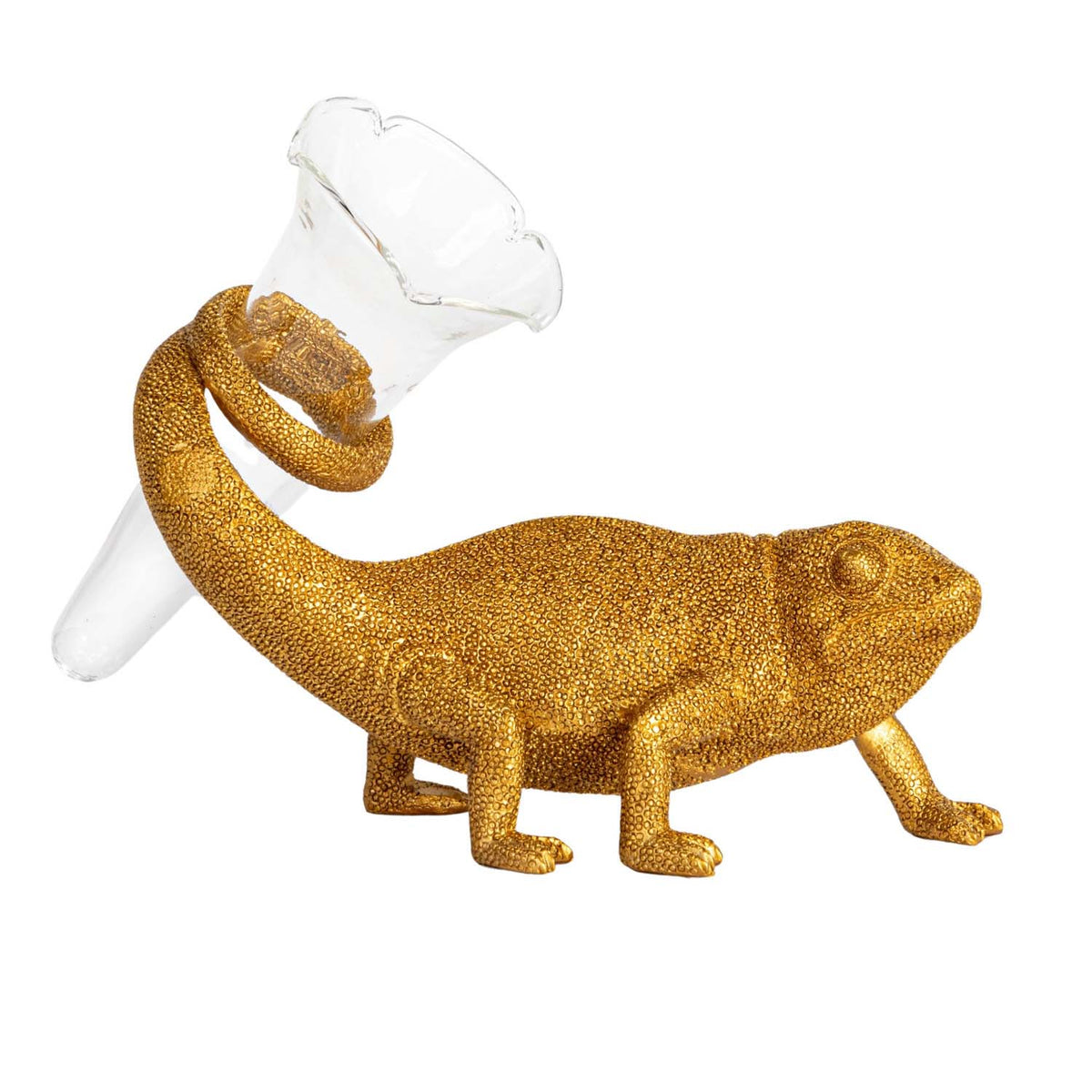 Gold Resin Chameleon Figurine with Glass Bud Vase