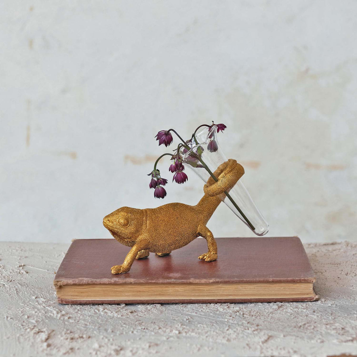 Gold Resin Chameleon Figurine with Glass Bud Vase