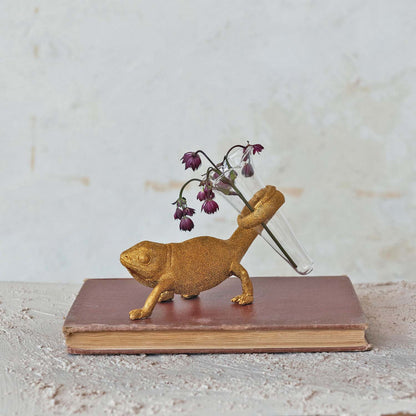 Gold Resin Chameleon Figurine with Glass Bud Vase
