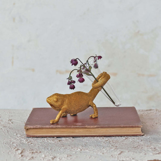 Gold Resin Chameleon Figurine with Glass Bud Vase