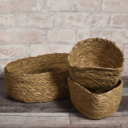 Small Handwoven Seagrass Oval Nesting Baskets from Bangladesh, Natural, Set of 3