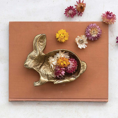 Rabbit Shaped Decorative Cast Aluminum Dish with Metallic Gold Finish
