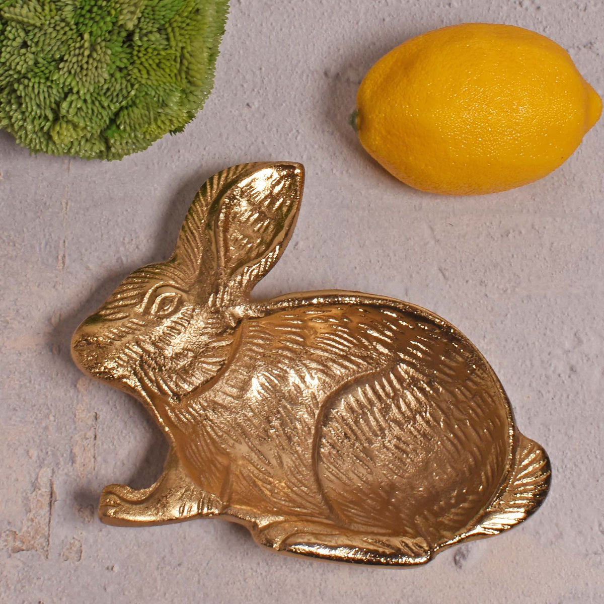 Rabbit Shaped Decorative Cast Aluminum Dish with Metallic Gold Finish