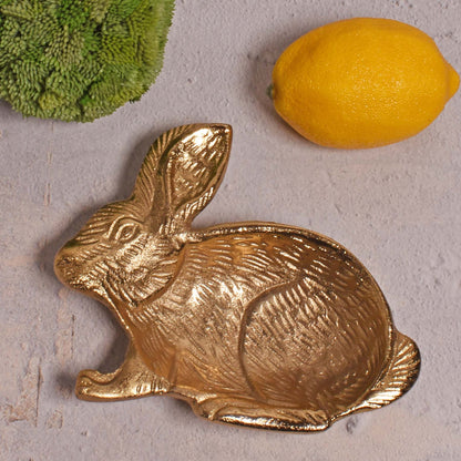 Rabbit Shaped Decorative Cast Aluminum Dish with Metallic Gold Finish