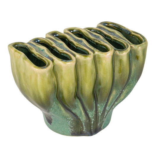 Small Stoneware Sculptural Vase with 6 Sections, Green Reactive Glaze (Each One Will Vary)