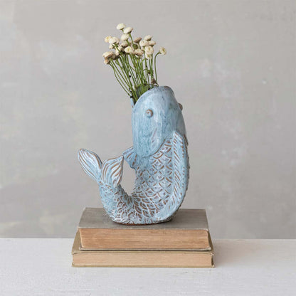 Fish-Shaped 8.25" Stoneware Vase with Reactive Blue Glaze