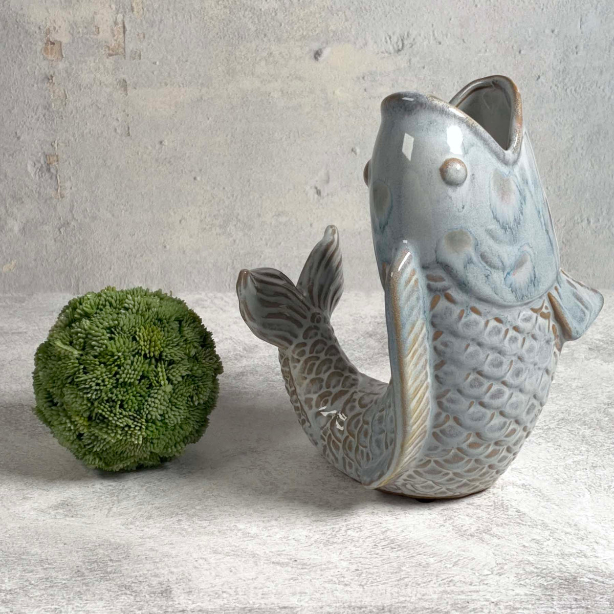 Fish-Shaped 8.25" Stoneware Vase with Reactive Blue Glaze