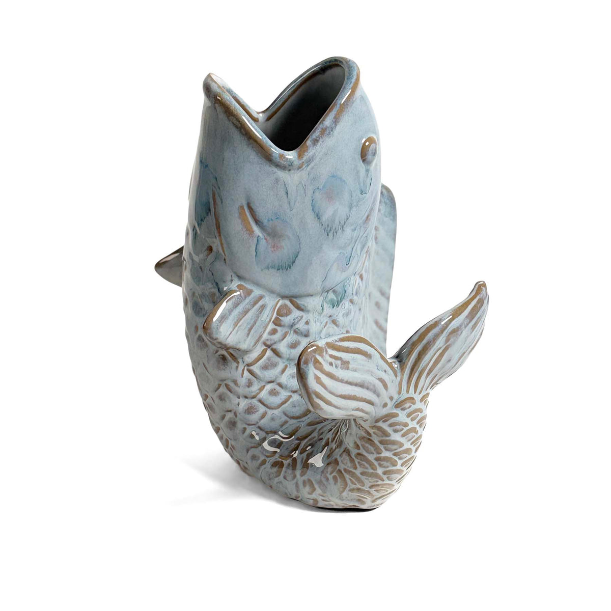 Fish-Shaped 8.25" Stoneware Vase with Reactive Blue Glaze