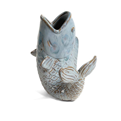Fish-Shaped 8.25" Stoneware Vase with Reactive Blue Glaze