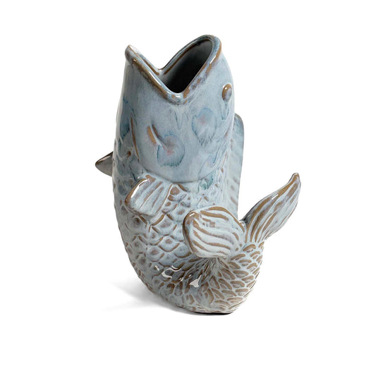 Fish-Shaped 8.25" Stoneware Vase with Reactive Blue Glaze