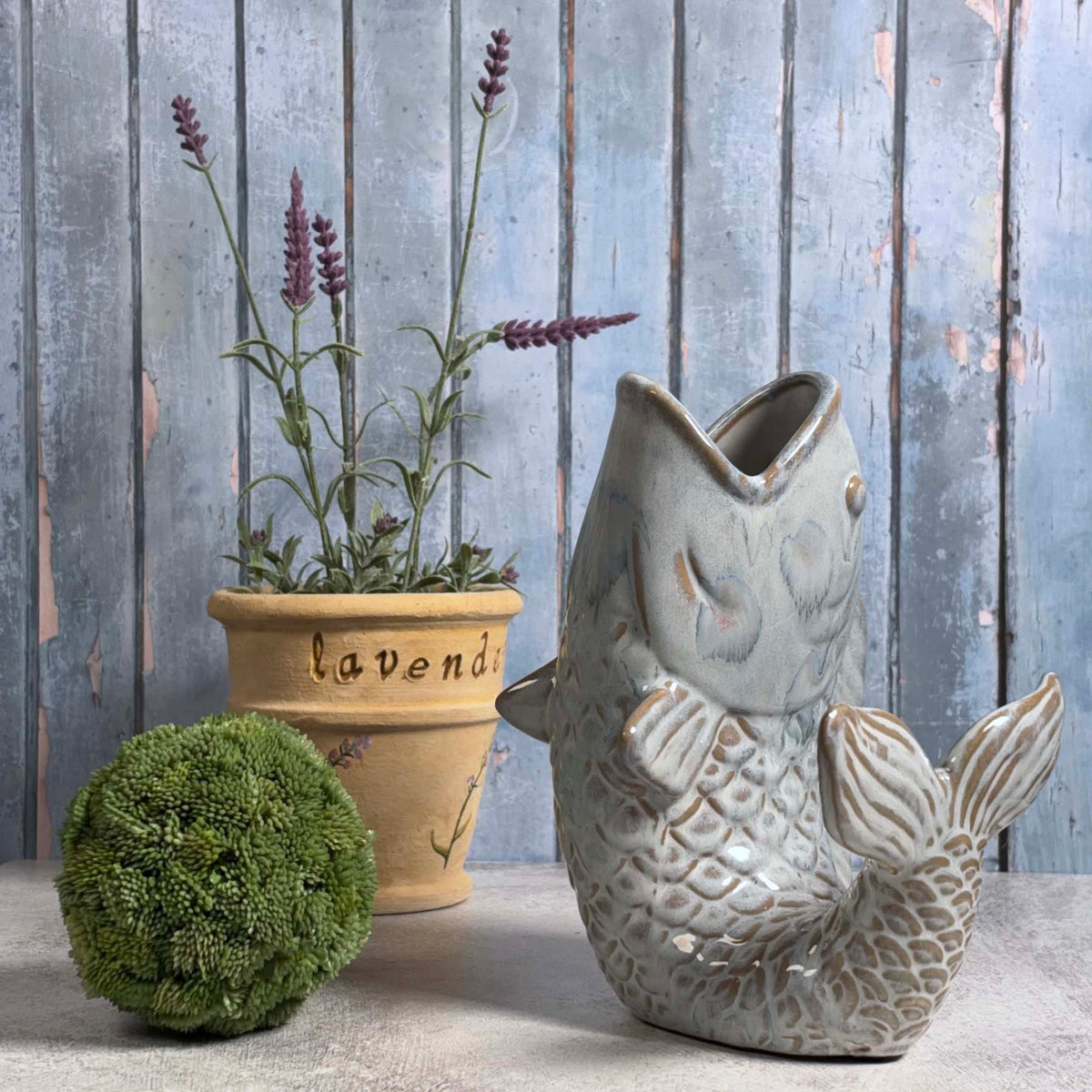 Fish-Shaped 8.25" Stoneware Vase with Reactive Blue Glaze