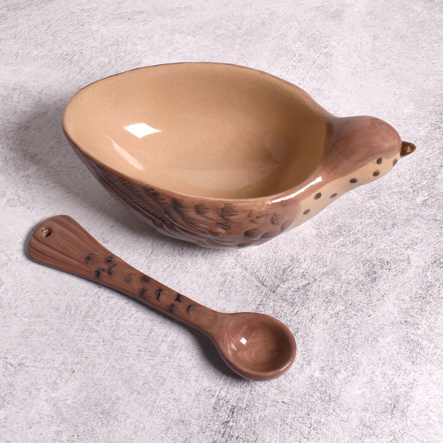 Hand-Painted Stoneware Bird-Shaped Bowl with Tail-Shaped Spoon