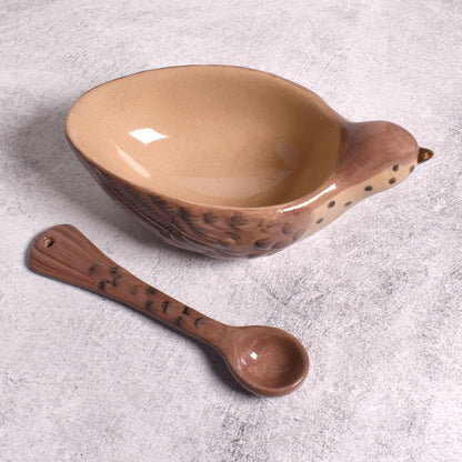 Hand-Painted Stoneware Bird-Shaped Bowl with Tail-Shaped Spoon