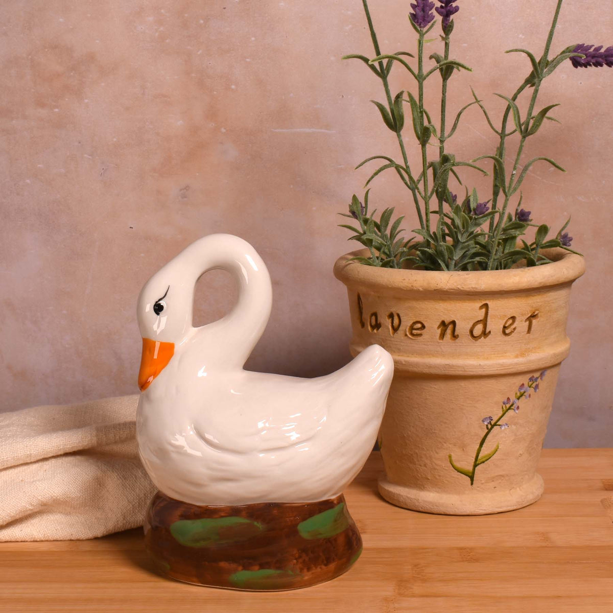 Hand-Painted Stoneware Vintage Reproduction Swan Figurine