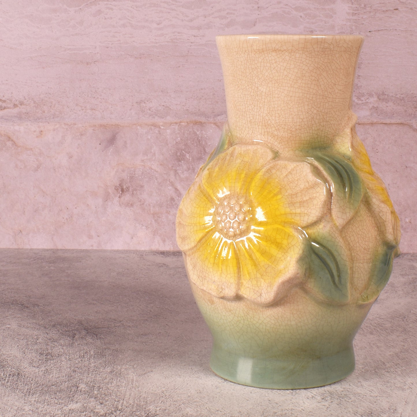 Hand-Painted Stoneware 7" Vintage Reproduction Embossed Flower Vase