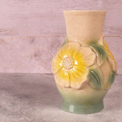 Hand-Painted Stoneware 7" Vintage Reproduction Embossed Flower Vase
